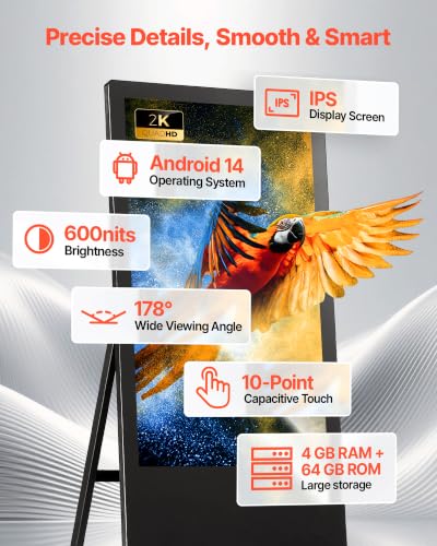 Image of VEVOR 32 in Indoor Digital Signage Floor Standing Advertising Display Kiosk, WiFi HDMI /USB Input Android OS, 178 Wide View, LCD Touchscreen Interactive Monitor, Commercial Totem Vertical Poster