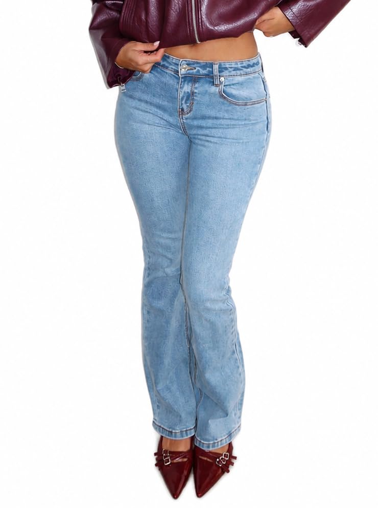 Image of Women's Stretch Low Rise Double Button Elastic Skinny Vintage Flare Jeans