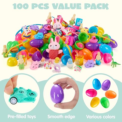 JOYIN 100 Pcs Prefilled Easter Eggs with Toys Plus Stickers, Filled with Toys Party Favors for Kids Boys Girls Easter Eggs Hunt, Basket Stuffers Fillers, Classroom Prize Supplies by JOYIN - Image 3