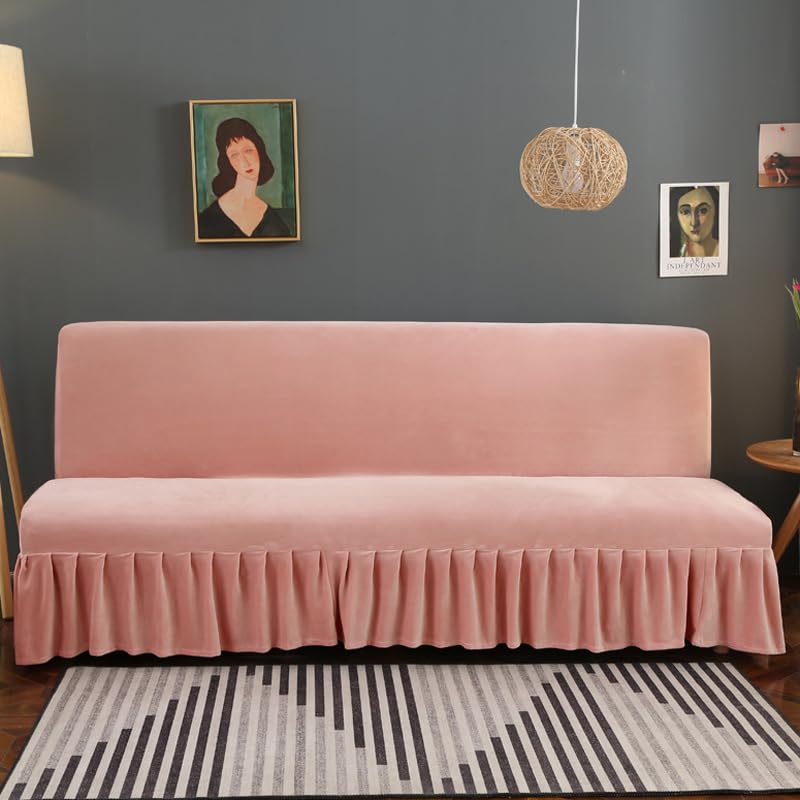 Housse de canapé rose 1 pièce élastique à volants pour la protection et décoration de salon
