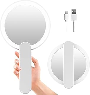 مراية محمولة باليد مع أضواء، مراية مكبرة مزدوجة الجوانب مع مقبض دوار، مناسبة للسفر وصغيرة الحجم توضع في الجيب والمحفظة، قابلة للطي، قابلة للشحن من خلال منفذ USB، وردي، 10 سم