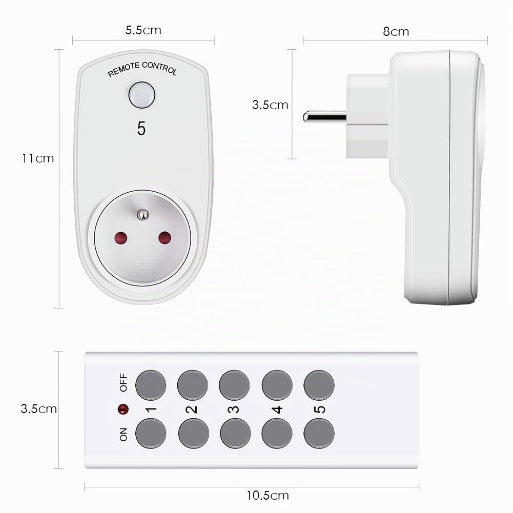DEWIN Presa con Telecomando,5 Pezzi Prese Wireless con Telecomando Presa per Telecomando Intelligente Plug Prese Intelligenti Prese Comandate con Telecomando Spina UE con 2 Telecomando
