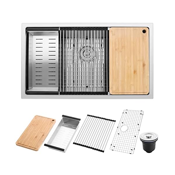 Herogo Kitchen Sink, 33x19 Inch Large Farmhouse Undermount Kitchen Sink, Stainless Steel R10 Corner Workstation Single Bowl 10 Inch Deep Kitchen Sinks with Accessories