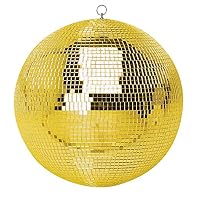 A lightweight gold mirror ball 300mm ( 12" ) Provide a disco atmosphere to parties. barbecues. dances. etc. Made from lightweight material and covered with polished It has a mounting eye for hanging and a secondary hanging point