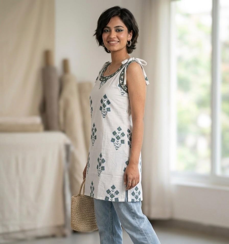 Image of Short Kurti for Women | Cotton Tops for Women | Stylish Strap Kurtis for Woman | Sleeveless Casual for Jeans | Printed Kurtas for Office Casual