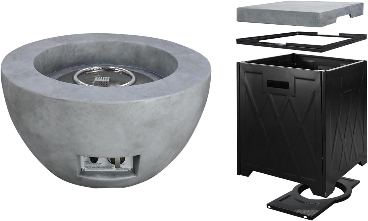 Kante 25 Inch Side Table, Large Concrete Decor Bowl with Storage Box for Outdoor Garden Patio, Side Handles, Light Gray