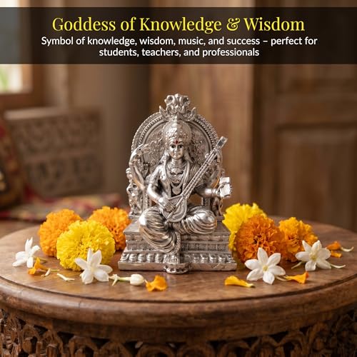Image of Premium Silver-Plated Saraswati Idol | Saraswati maa Idol for Home Temple | Pooja Room | Study Table | Office Decor | Saraswati maa Murti for Diwali | 3.7 inch