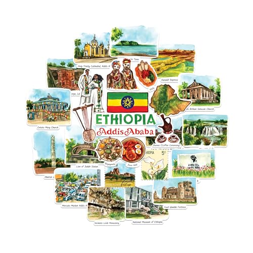 Navy Peony stickers de voyage Éthiopie — Illustrés à la main, aquarelle, finition mate, découpés à la forme — Pour scrapbooking, carnet (28 pièces)