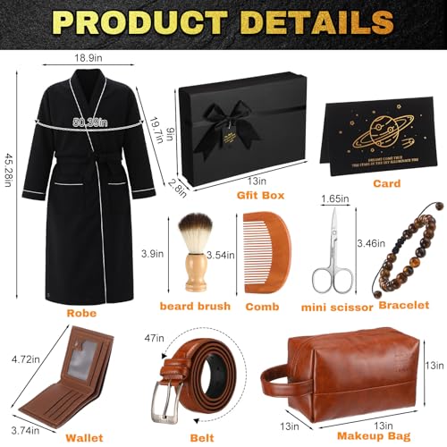 Image of Shyyween 10 Pcs Birthday Gifts Baskets for Men Father Gift Get Well Soon Gifts Beard Care Set Graduation Gift for Him with Bathrobe, Wallet, Beard Comb & Brush Set for Dad Boyfriend Husband(Brown)
