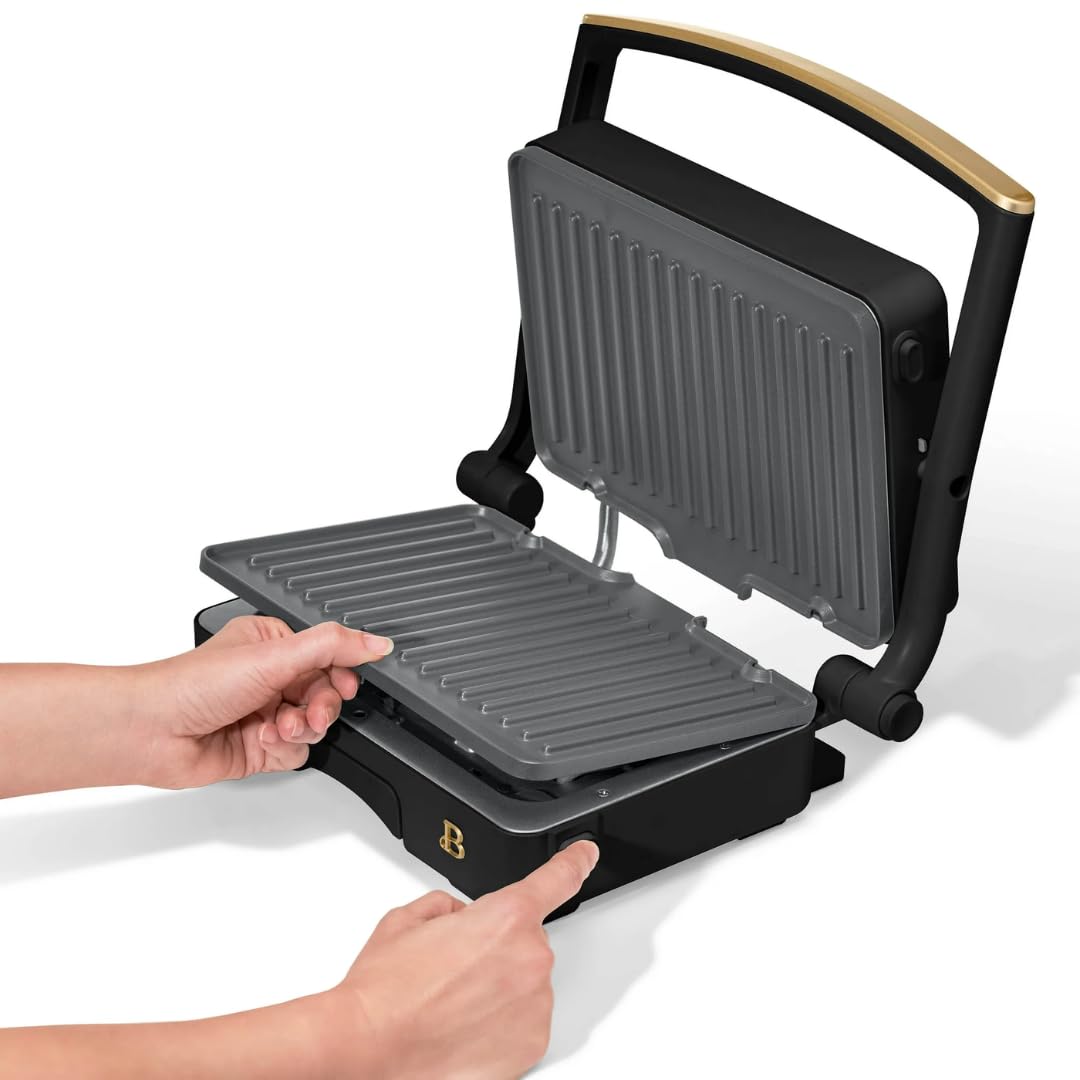 Beautiful 2-in-1 Panini Press, Grill, Sandwich Maker, Stainless Steel, Non-Stick Plates, 1200W Indoor Grill, Modern Style, 10.25 x 7 Inch Cooking Surface, Removable Heat Control (Black Sesame)