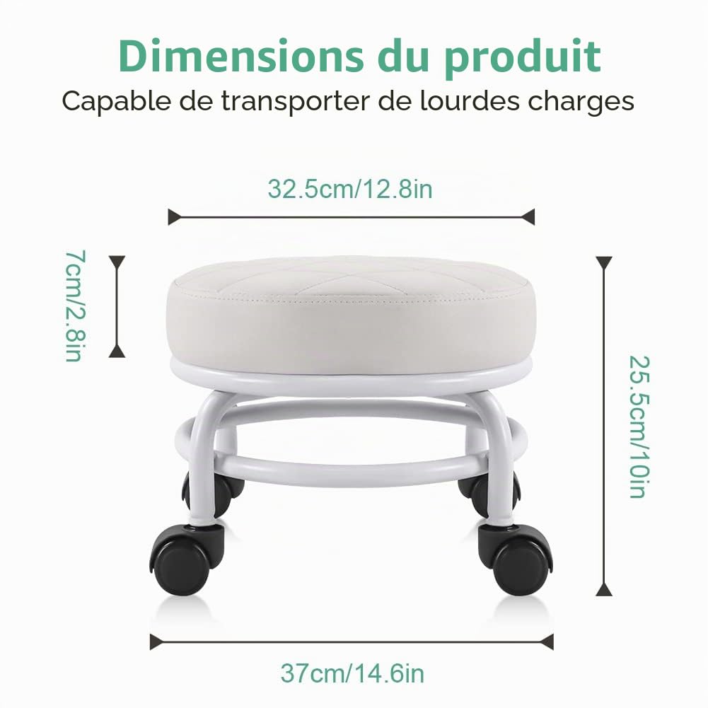 FURWOO Roller Seat PU Cuir Tabouret Bas Rond Roulant avec Roulettes Universelles pour Pédicure, H: 25.5cm (Blanc)