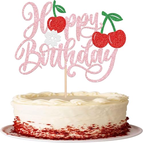 1 Pack Cherry Happy Birthday Cake Topper Glitter Pink Bow Cherry Cake Pick for Sweet Fruit Theme Baby Shower Kids Girls Birthday Party Cake Decorations Supplies