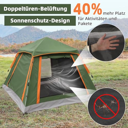HAUSPROFI Zelt 2-3 Perosonen Pop Up Zelt, Camping Zelt mit Vorzelt Fenster, Große Wasserdicht Automatisches Wurfzelt, Doppeltürlüftung, Moskitoschutz, 2 Schichten Kuppelzelt für Camping Familien Reise