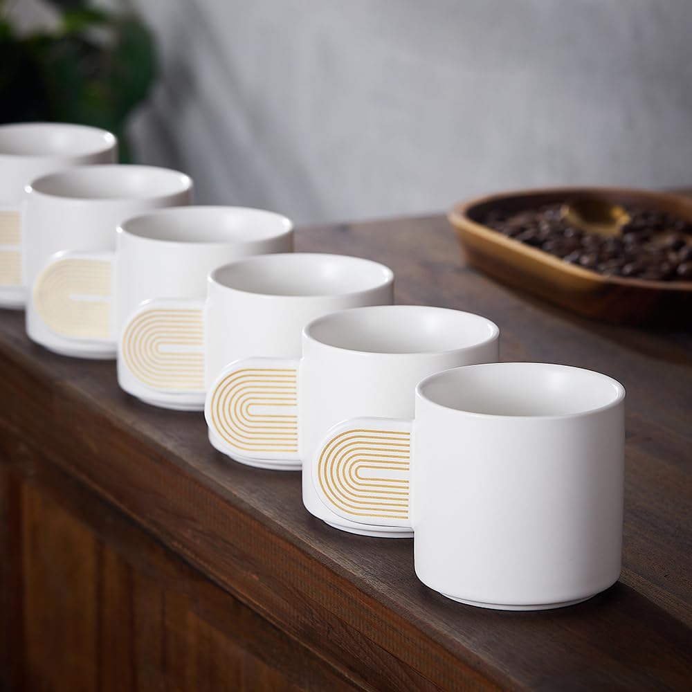 Coffeezone Set of 6 Mini Tea Coffee Demitasse Cups with Handles, 4.5 oz Ceramic Espresso Mug Set (White/Gold decal)