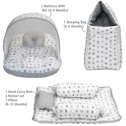 Image of Fareto Combo of Baby Bed with Net | Carry Bag | 4 Pcs Bedding Set (0-6 Months, Baby Size, Cotton) (Grey Taj)