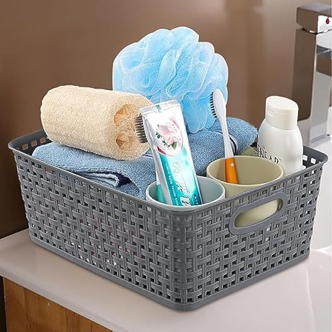 Readsky Plastic Woven Storage Basket with Handle, Gray, 4 Packs
