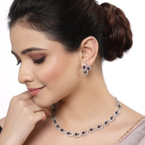 ZENEME Rhodium-Plated with Silver-Toned White Cubic Zirconia & American Diamond studded Necklace and Drop Earrings Jewellery Set for women (Image - 3)