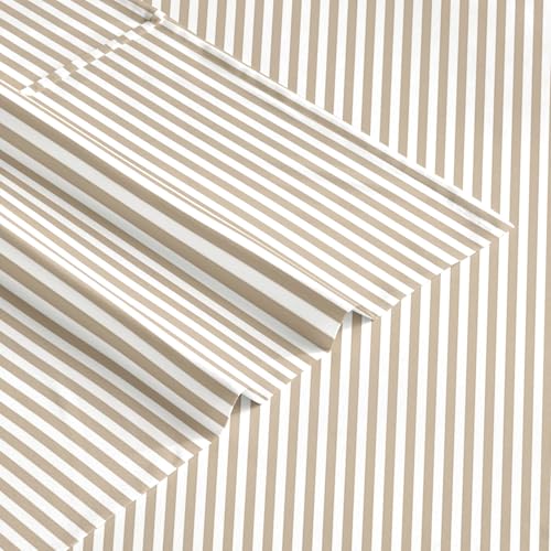Image of Wake In Cloud - Striped Bed Sheets, 4-Piece Sheet Set, Ticking Vertical Pin Stripe Modern Farmhouse Pattern Printed Bedding, Deep Pocket, Light Brown White, Twin Size