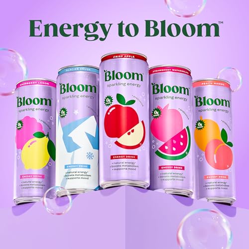 Image of Bloom Nutrition Sparkling Energy Drink for Focus, Natural Caffeine, Zero Sugar, 180mg Caffeine, Antioxidant-Rich with Green Coffee Bean, Green Tea Extract, & Prebiotics, Raspberry Lemon 12oz 12 Pack