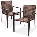 Best Choice Products Set of 2 Stackable Outdoor Wicker Dining Chairs All-Weather Firepit Armchair w/Armrests, Steel Frame for Patio, Deck, Garden, Yard - Light Brown