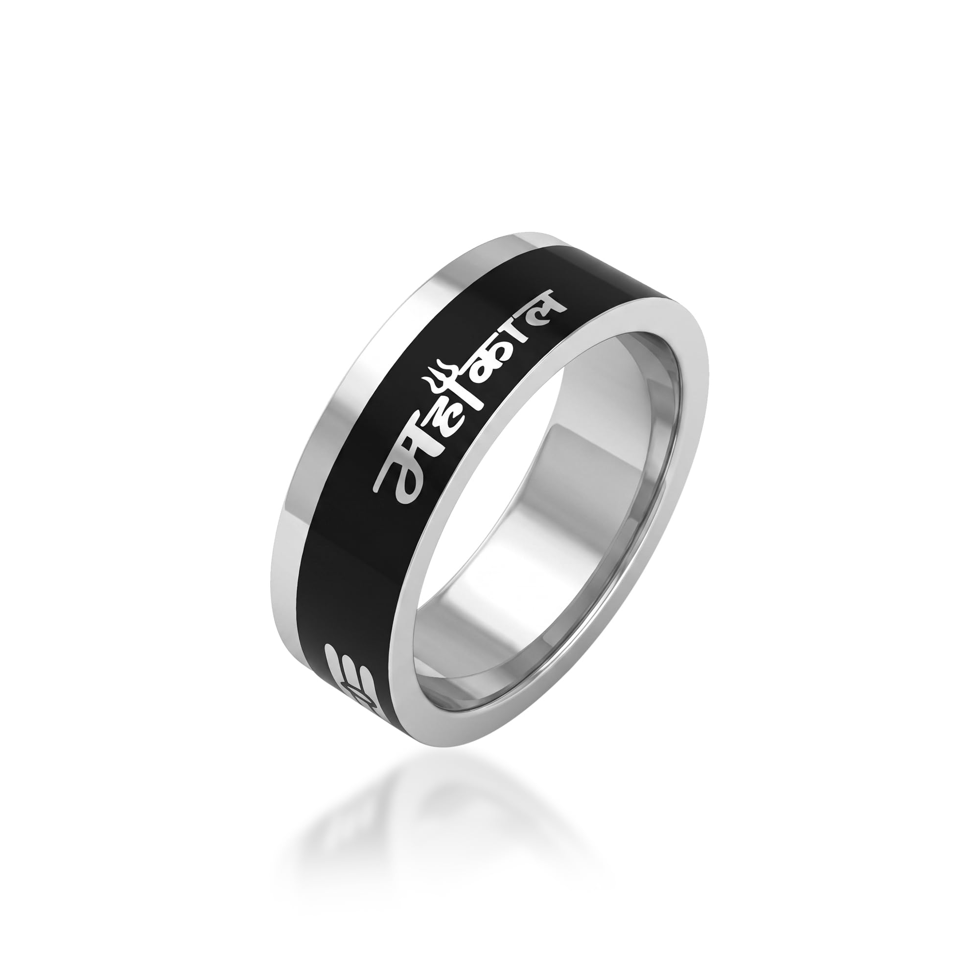 white Plated Black Enamel Mahakal Band Ring for Men and Women - Lord Shiva Trishul & Tripundra Finger Ring - Hindu Spiritual Religious Bholenath Jewelry Gift(ACOR0275)-image-15