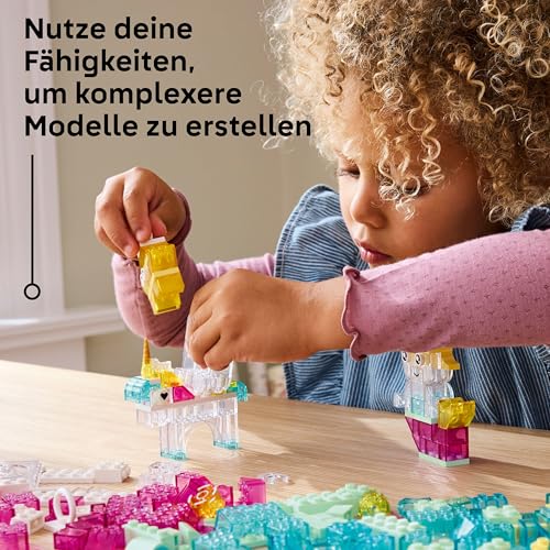 LEGO Classic Zauberbox mit durchsichtigen Steinen - Farbenfrohe Bausteine und Aufhängersteine - Einhorn, Drache, Pinguin und weitere Figuren - Bastelset für Mädchen & Jungen ab 5 Jahren 11040