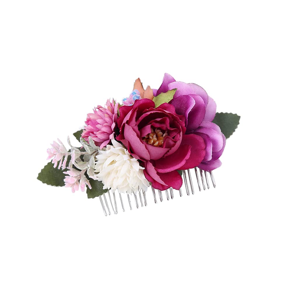 Women Wedding Bride Hair Comb with Simulation Flower Leaf Hair Piece Floral Handmade Hair Accessories Delicate Elegant Bridesmaids Decorative for Girls (Purple)