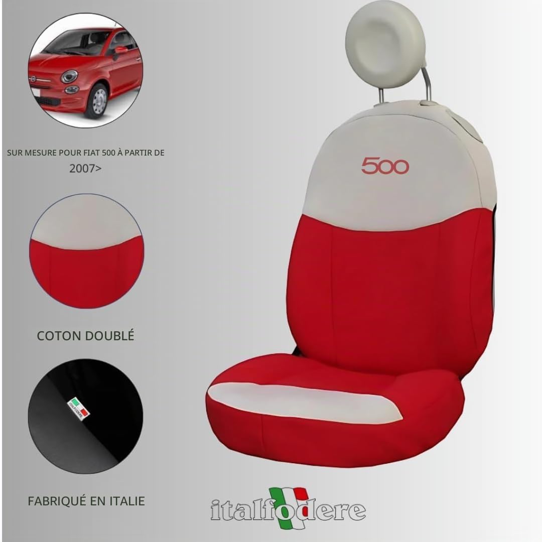 Paire de housses de siège avant compatibles avec Fiat 500 à partir de 2007, Rouge / Crème