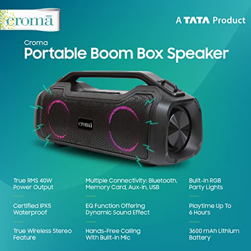 Image of Croma Portable Bluetooth Boombox Speaker with 40W Audio Output, Multiple connectivity: Built in mic and RGB Party Lights, Type-C Charging Port (12 Months Warranty) (CREMP1902sBTBB, Black)