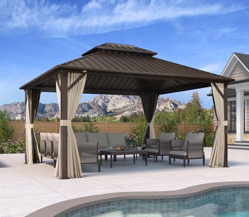 PURPLE LEAF 12’ X 14’ Outdoor Hardtop Gazebo Metal Frame Galvanized Steel Double Roof with Curtains and Nettings for Patio Desk Backyard Bronze