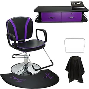 Black with Purple Reclining Hydraulic All Purpose Cutting & Shampoo Barber Salon Chair Anti Fatigue Mat & Wall Mount Station Beauty Spa Equipment