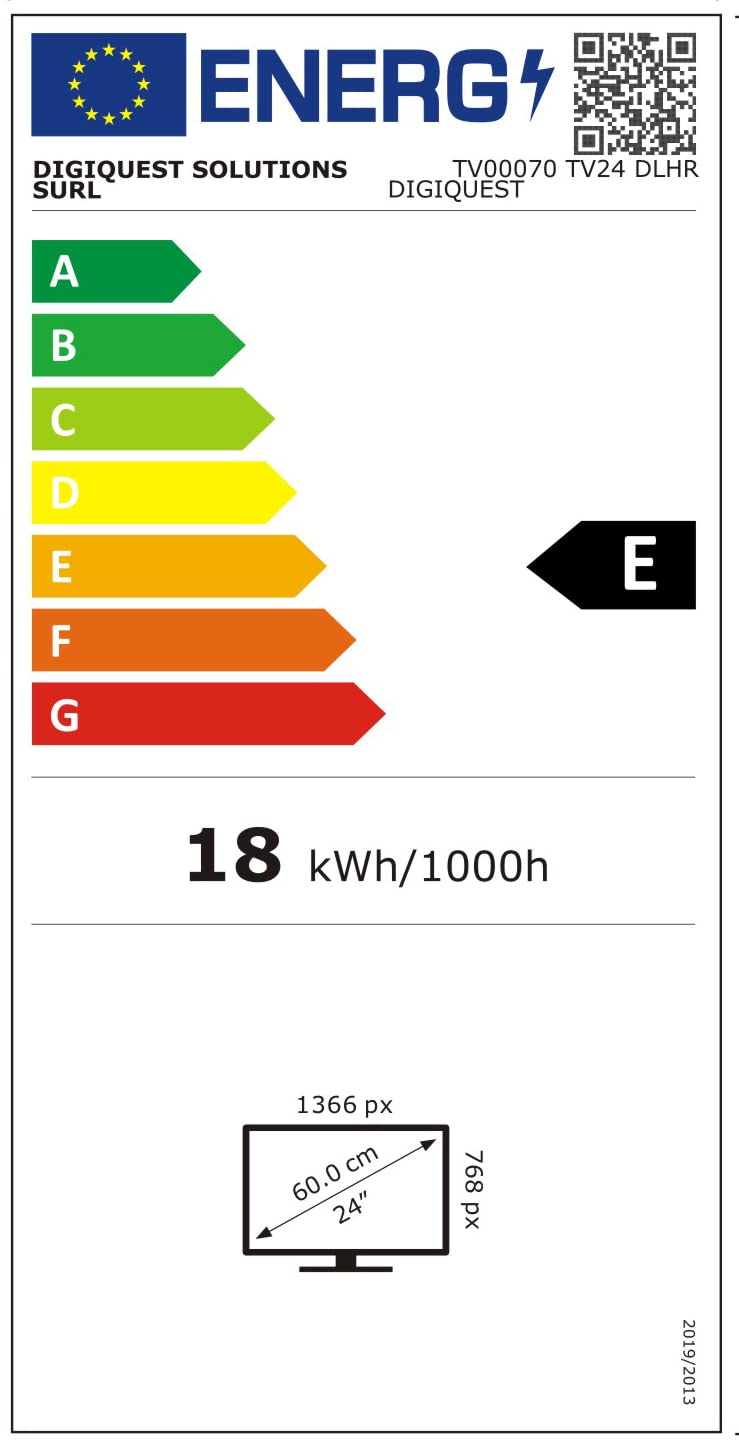 DIGIQUEST TV LED 24” DHLR, HD Ready | Certificato Tivùsat | Doppio tuner | Mediaplayer, Funzione CEC, base centrale | Ideale per Camper e Barche [classe di efficienza energetica E]