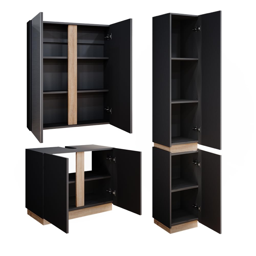Vicco Badmöbel-Set Gloria, Anthrazit, 70 cm, besteht aus Waschbeckenunterschrank, Spiegelschrank und Hochschrank