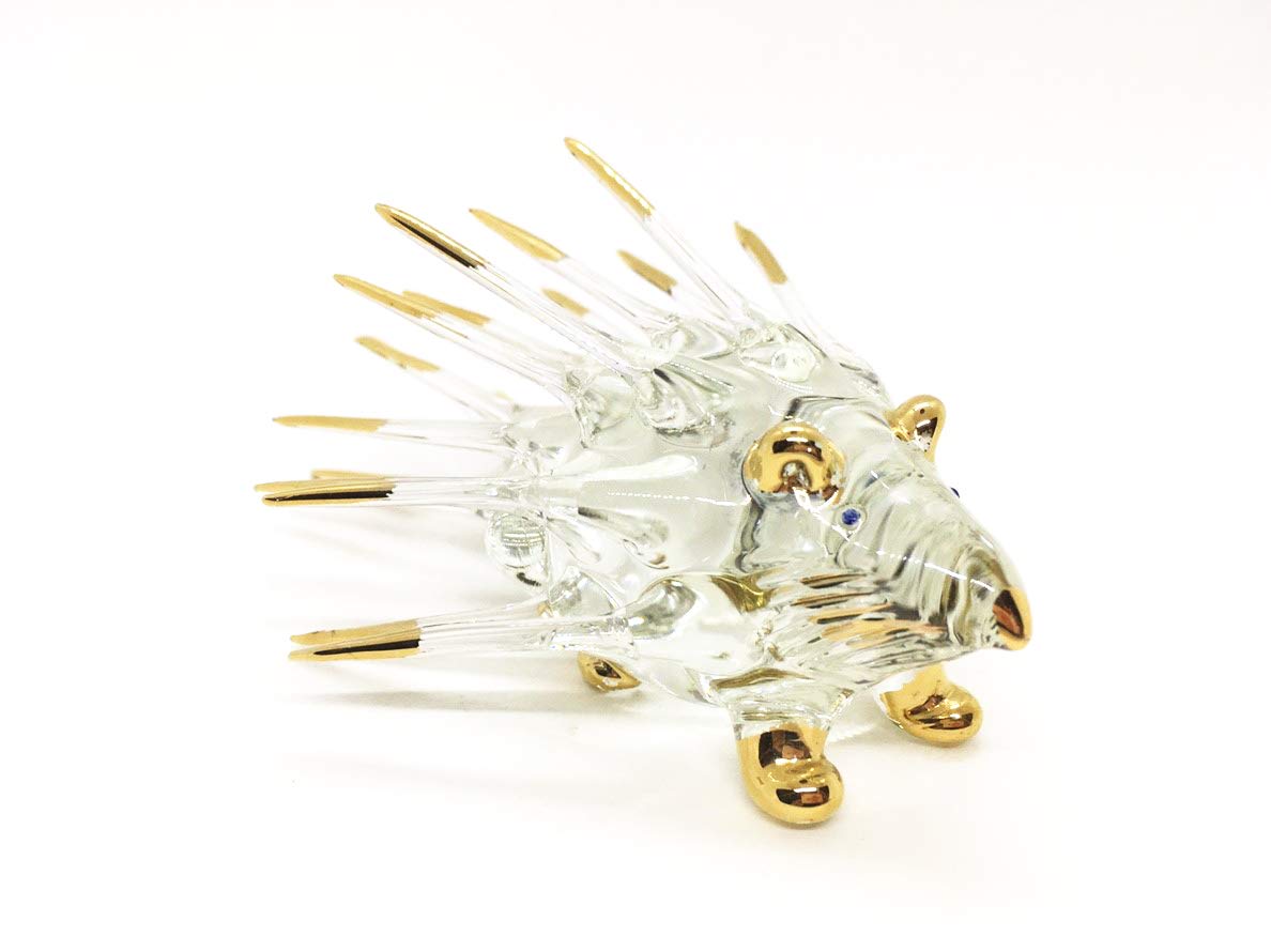 WitnyStore Tiny 4¾" Long Clear and Gold Porcupine Figurine - Miniature Hand Blown Glass Hedgehog Echidna Crystal Animals Decorative Collectible Figurines Home Décor Gifts