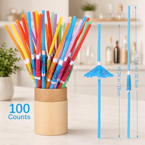 100 Pitillos Flexibles con Sombrilla para Bebidas Coloridos miniatura 2