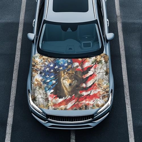 Image of Car Hood Cover, Car Hood Wrap Blankets Auto Banner Wolf American Flag Print Automotive Accessories for Compact Cars Sedans SUV Trucks (59x39 Inch)