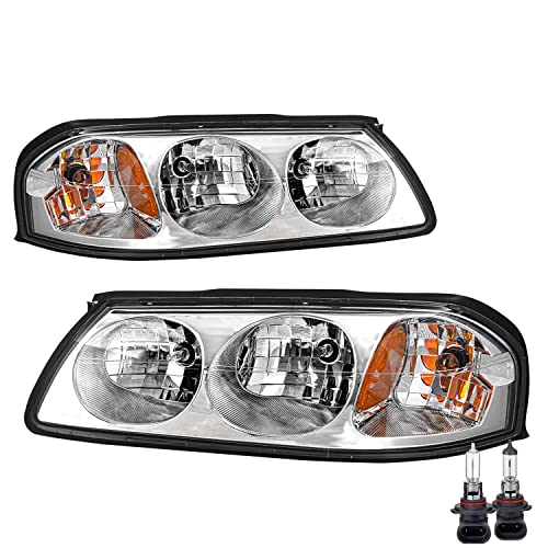 SOCKIR Headlight Assembly with Bulbs Included Compatible with 2000-2005 Chevy Impala, Chrome Housing with Amber Reflector