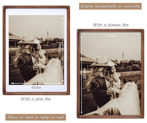 Image of 18x24 Picture Frame with Mat for 16x20, USA-Sourced Natural Walnut Wood Handcrafted Rounded Corner with Plexiglass, Vertical or Horizontal Display Photo Gallery Poster Wall Mounting Frame