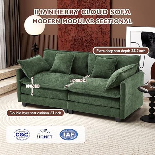 Image of Ihanherry Cloud Sofa 77 Inch Loveseat, Modern Sectional Couch, 2-Seats Sofa for Living Room Bedroom and Apartment, Comfy Double Layer Upholstered Seat Cushion, Breathable Chenille Fabric, Green