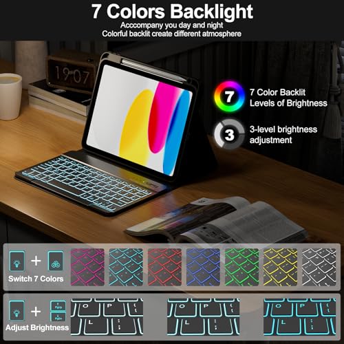 Image of COO 7 Color Backlit Keyboard Case for iPad 11th A16 /10th Gen | 7-Color Backlit Detachable Bluetooth Keyboard, Pencil Holder, Auto Wake /Sleep, 3 Angles, PU TPU Cover, Black