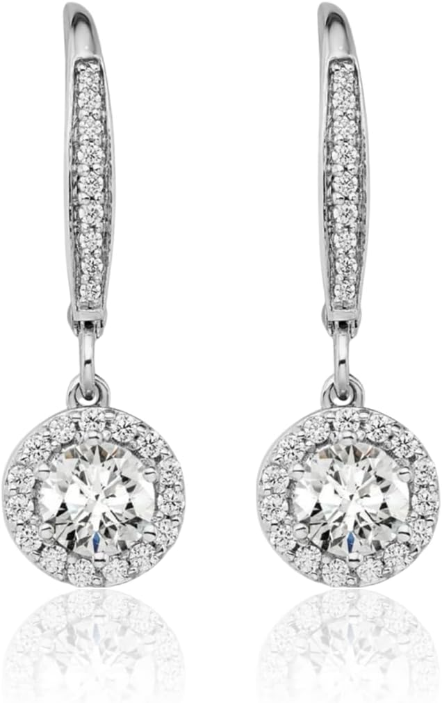 IceCarats 14K Solid White Gold 1.01 carat Diamond Center Stone Mounting(s) Medium Dangle Earrings 22.45mm 7/8 inch Round Cut, Natural, Prong Set, Lever Back For Her