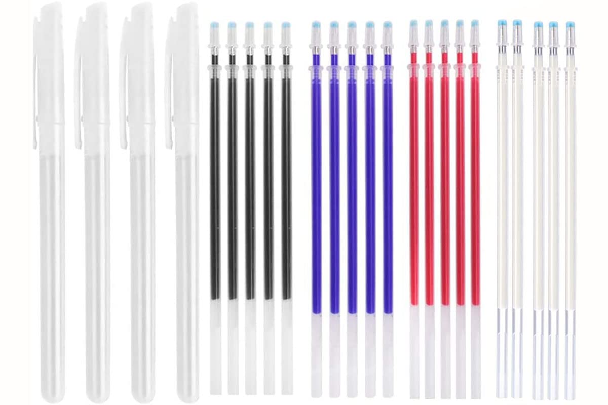 MEISO Bolígrafo Borrable de Calor Rotuladores de Tela Borrables 4 Colores de Marcadores Borrables con Calor con 20 Recargas para Cuero, Ropa, Costura, Confección