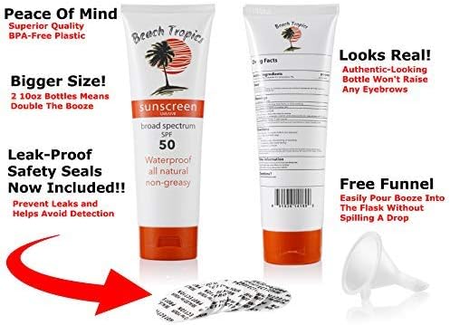 Sunscreen Flask - 10oz Hidden Alcohol Flask Lets You Take Booze Anywhere Includes FREE Funnel and Extra Leak-Proof Safety Seals For Secret Flasks by Classy Wino Always Drink Responsibly - Set of 2