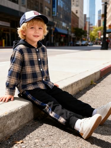 Image of OLMRJKD Toddler Baby Boy Clothes Plaid Long Sleeve Hoodie Sweatshirt + Pants 2pcs Boys Outfit Set