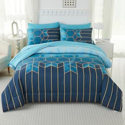 PERFEMET Full Size Bedding Sets 7 Pieces Teal Gold Striped Comforter Set Marble Printed Tie Dye Bed Set Honeycomb Geometric Bed in A Bag with Comforter and Sheets (Teal, Full) Cover