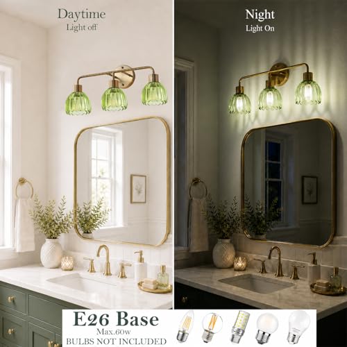 Image of 3-Light Gold Brass Bathroom Light Fixture,Wall Sconces,Brushed Gold Vanlity Light Over Mirror,Bathroom Vanity Light with Green Glass Flower Shade,E26 Socket(Bulbs Not Included)