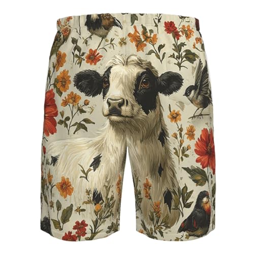 Men Swim Trunks Beach Shorts Swimwear Summer Bathing Suits - Cow Birds Flowers4