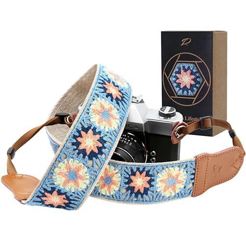 Image of Padwa Lifestyle Hollow Crochet Pink Daisy Camera Strap - Double Layer Cowhide Ends,2 inch Cotton Vintage Camera Straps, Adjustable Neck & Shoulder Strap for All DSLR Cameras,Great Gift for Photographers