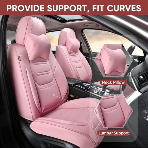 Image of TIEHESYT Pink Car Seat Covers Front Pair, Breathable Leather Automotive Front Seat Covers & Headrest, Auto Seat Cover, Compatible with Most Cars Sedans SUV Pickup Trucks