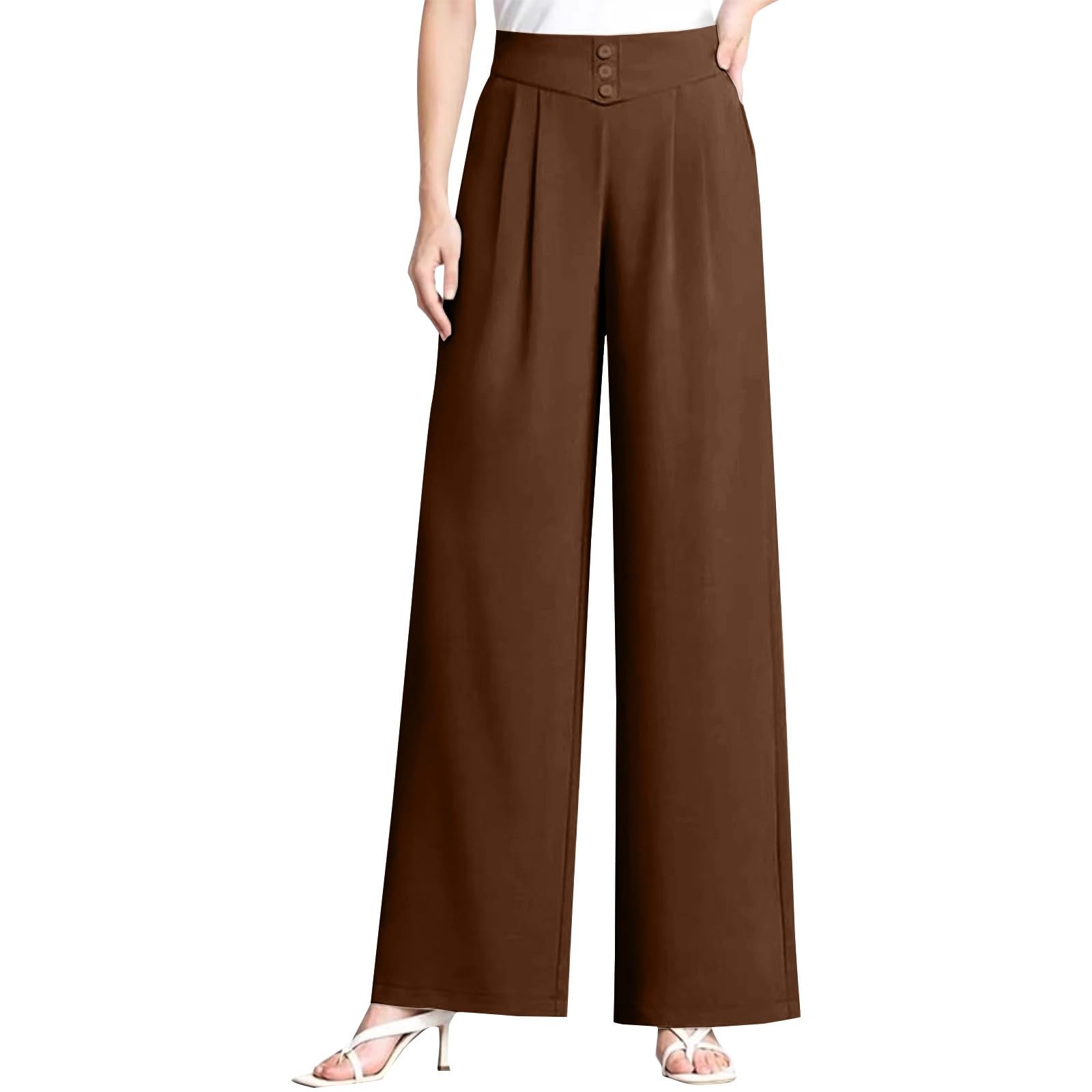 Women Wide Leg Dress Pants 2026 High Waisted Loose Fit Flowy Palazzo Button Pleated Stretch Business Casual Office Trousers